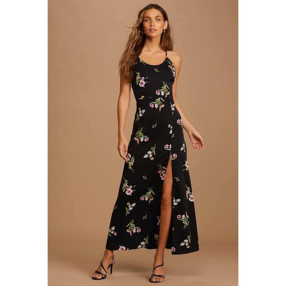 Lulus Blooming Vision Black Floral Print Satin Maxi Dress - Size S